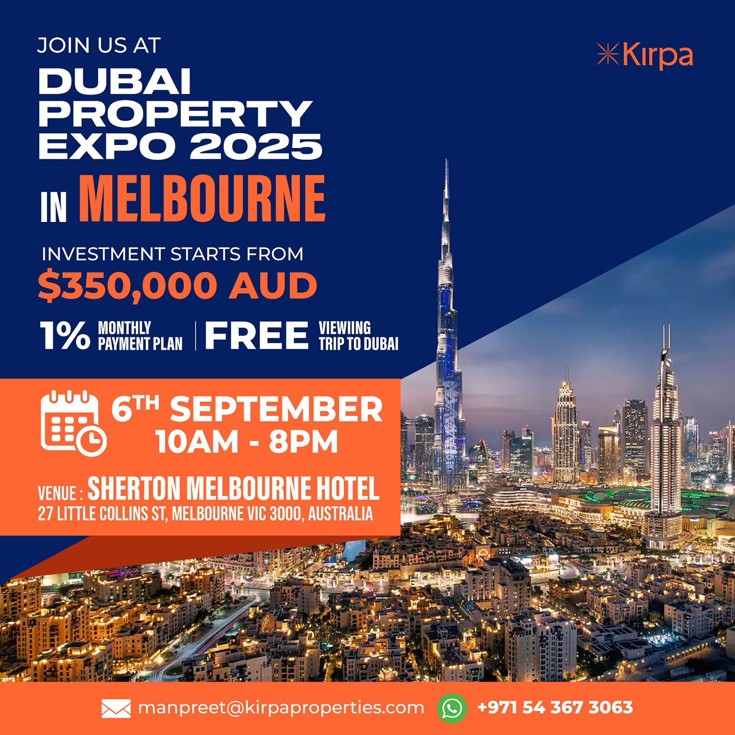 Melbourne, we’re bringing Dubai to you 🇦🇺
On 6th September, meet us in CBD Melbourne (10 AM – 8 PM) for an exclusive one-on-one consultation and explore Dubai’s hottest real estate opportunities & luxury investments 🏙️🌟

📩 manpreet@myshaproperties.com
📲 WhatsApp: +971 543655557